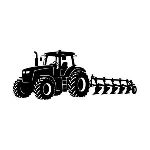 May include: A solid black silhouette graphic of a farm tractor pulling a multi-blade plow attachment. The tractor features large treaded tires, a cabin with a steering wheel, and an exhaust pipe, while the plow shows several distinct blades.