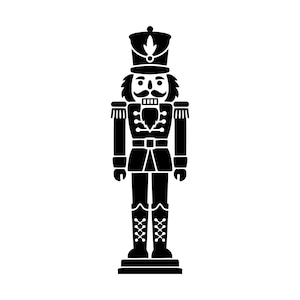 Peut inclure: Une silhouette noire unie représentant un casse-noisette debout sur une base rectangulaire. Le motif présente un chapeau haut, une moustache, une barbe, des épaulettes sur les épaules et des bottes hautes avec un laçage, le tout en style graphique.