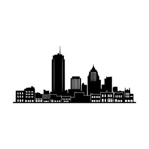 May include: A black silhouette graphic of a city skyline featuring a prominent tall skyscraper, a central building with a pointed roof, and various smaller structures arranged in a horizontal row against a plain white background.