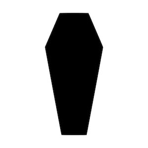 May include: A solid black silhouette of a hexagonal coffin shape. The object features a flat top edge, angled sides that widen toward the middle, and then taper down to a narrower, flat bottom edge, creating a symmetrical geometric form.