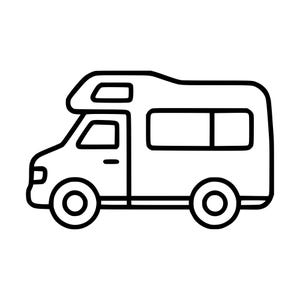 May include: A black and white line art illustration of a camper van. The vehicle features a cab-over design with a prominent sleeping area above the driver cabin, a side window, a door, and two circular wheels depicted in a simple outline style.