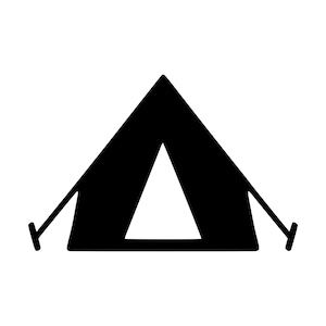 May include: A solid black icon depicting a triangular tent with a central triangular opening. The structure features two diagonal lines extending from the sides, representing guy lines anchored to the ground, creating a simple graphic silhouette.