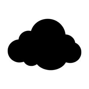 Op de afbeelding: Een effen zwart silhouet in de vorm van een wolk. De afbeelding bestaat uit een reeks afgeronde, met elkaar verbonden cirkelvormige lobben die een klassieke, gestileerde wolkenomtrek vormen. Het ontwerp is plat, monochroom en symmetrisch.