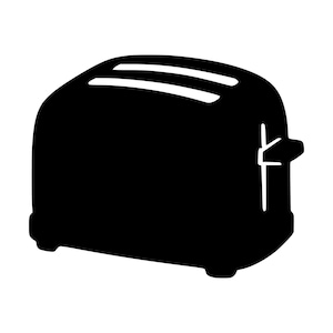 May include: A solid black silhouette of a two-slice toaster. The graphic features a rounded rectangular body with two horizontal slots on the top surface and a lever mechanism on the side, rendered in a flat, high-contrast black and white style.
