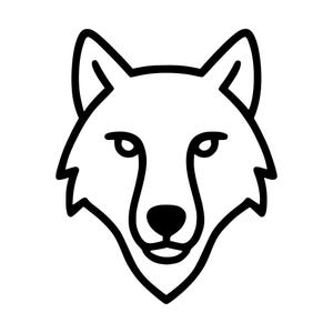 Könnte beinhalten: Eine schwarz-weiße Strichzeichnung eines Wolfskopfes in Frontalansicht. Das Design zeigt eine kräftige Kontur der Ohren, der spitzen Schnauze und der Fellstruktur um den Hals, mit einer soliden schwarzen Nase und mandelförmigen Augen.