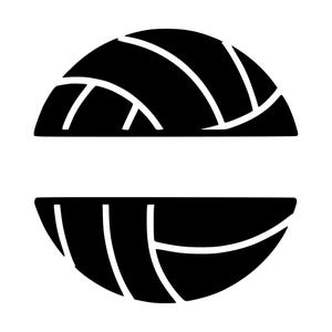 May include: A black and white graphic illustration of a volleyball, split horizontally into two distinct halves with a clear white space separating the top and bottom sections, featuring the characteristic curved panel lines of a standard ball.