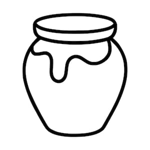 May include: A black and white line art illustration of a rounded jar with a lid. The jar features a thick, wavy drip pattern near the top rim, suggesting a viscous substance like honey or syrup contained within the vessel against a plain background.