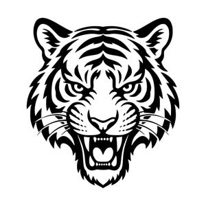 Könnte beinhalten: Eine kontrastreiche schwarz-weiße Grafikillustration eines Tigerkopfes in Frontalansicht. Das Design zeigt kräftige, scharfe Linien, die die Streifen des Tigers, spitze Ohren, intensive Augen und ein geöffnetes Maul mit sichtbaren Zähnen darstellen.