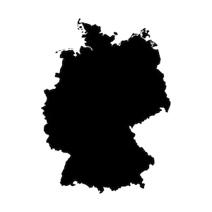May include: A solid black silhouette graphic representing the geographical map outline of Germany. The shape features the distinct borders of the country, including the northern coastline and the southern regions, presented as a flat, high-contrast icon.