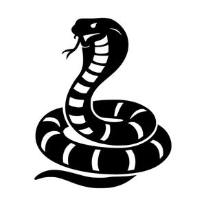 May include: A black and white graphic illustration of a coiled cobra snake. The snake is depicted in a striking pose with its hood flared, mouth slightly open, and a forked tongue visible. The design features bold, high-contrast solid shapes.