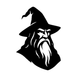 Peut inclure: Une illustration graphique en noir et blanc représentant la tête et les épaules d'un magicien. Le personnage porte un chapeau haut et pointu à larges bords et possède une longue barbe et une moustache fluides. Le design utilise des formes contrastées.