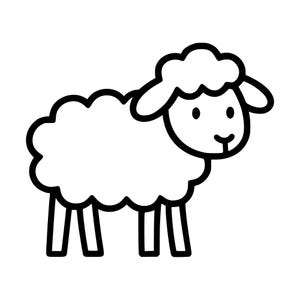 Op de afbeelding: Een zwart-wit lijntekening van een schaap. Het schaap is in profiel naar rechts afgebeeld, met een afgerond, pluizig lichaam, een eenvoudig hoofd met twee oren en vier rechte poten. Het ontwerp maakt gebruik van dikke, strakke lijnen.