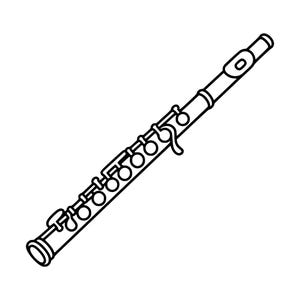 May include: A black and white line art illustration of a transverse flute. The musical instrument features a long cylindrical body with a series of circular keys, a headjoint with an embouchure hole, and a footjoint at the end.