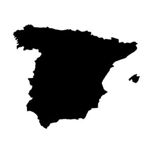 Puede incluir: Una silueta negra sólida que representa el mapa geográfico de la península ibérica, incluyendo la forma de España y una pequeña figura negra separada situada al este para las islas Baleares, todo sobre un fondo de color blanco liso.