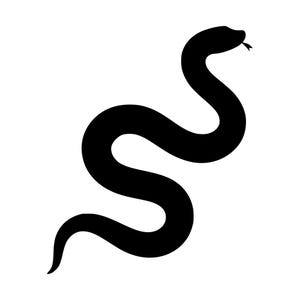 May include: A solid black silhouette of a snake in a winding, S-shaped posture. The serpent is depicted in profile, facing toward the right with its head slightly raised and a small, pointed tongue extending from its mouth against a plain background.
