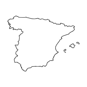 Puede incluir: Un dibujo de línea negra del mapa de España, que muestra el contorno de la península ibérica y las islas Baleares. La ilustración está realizada con un trazo negro simple y continuo sobre un fondo blanco liso.