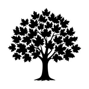 May include: A solid black silhouette of a deciduous tree with a dense canopy of maple-shaped leaves. The tree features a thick, central trunk that branches out into a rounded crown, displaying a clear, high-contrast graphic design.