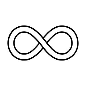 Puede incluir: Una ilustración gráfica en blanco y negro de un símbolo de infinito. El diseño consiste en una línea negra gruesa y continua que forma una figura de ocho horizontal con un centro hueco, sobre un fondo blanco sólido y liso.