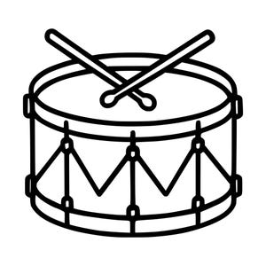 Op de afbeelding: Een zwart-witte lijntekening van een snaredrum met twee gekruiste drumstokken erbovenop. De trommel heeft een rond vel, een cilindrische behuizing met verticale spanstangen en een zigzagpatroon dat de hardware-onderdelen verbindt.