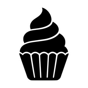May include: A solid black graphic icon of a cupcake featuring a swirled frosting top and a pleated paper liner base. The design is rendered in a flat, high-contrast silhouette style with clean, bold lines and no additional colors or textures.