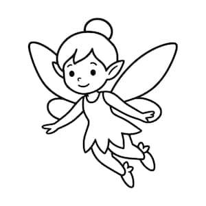 May include: A black and white line art illustration of a fairy with a small bun hairstyle, pointed ears, and large wings. The fairy is depicted in a flying pose, wearing a simple dress with a jagged hemline and shoes with small petal-like details.