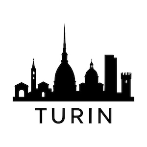 May include: A black silhouette graphic of the Turin city skyline featuring the Mole Antonelliana and various architectural structures, with the word TURIN printed in bold, black, sans-serif capital letters centered below the skyline design.