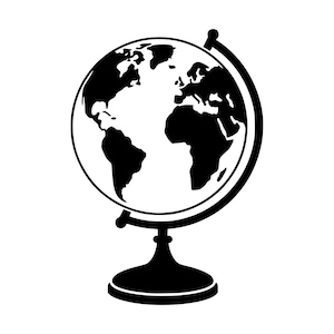 May include: A black and white graphic illustration of a globe on a stand. The design features a solid black silhouette of the continents against a white circular background, mounted on a black circular base with a curved meridian arm.