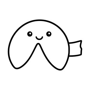 May include: A black and white line art illustration of a fortune cookie with a simple, smiling face featuring two round eyes and a curved mouth. A small, rectangular paper strip extends from the right side of the cookie shape.