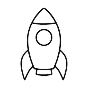 May include: A black and white line art illustration of a rocket ship. The design features a pointed nose cone, a circular window in the center of the main body, and two curved fins at the base, all rendered with clean, bold black outlines.