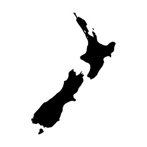 May include: A solid black silhouette graphic of the two main islands of New Zealand, featuring the North Island and the South Island positioned in their correct geographical orientation against a plain white background.