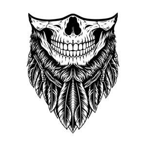 May include: A black and white graphic illustration of a human skull positioned above a dense arrangement of layered feathers. The skull features detailed teeth and nasal cavities, while the feathers are arranged in a V-shape pattern.