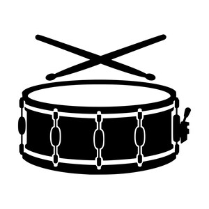 May include: A black and white graphic illustration of a snare drum with two crossed drumsticks positioned above it. The drum features a cylindrical shell with vertical tension rods and a side-mounted snare strainer mechanism.