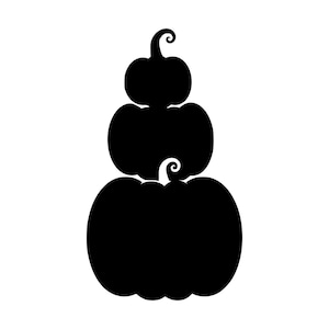 Könnte beinhalten: Eine massive schwarze Silhouette-Grafik, die drei gestapelte Kürbisse unterschiedlicher Größe zeigt. Das Design besteht aus einem großen Kürbis als Basis, einem mittleren in der Mitte und einem kleineren oben, jeweils mit einem geschwungenen Stiel.
