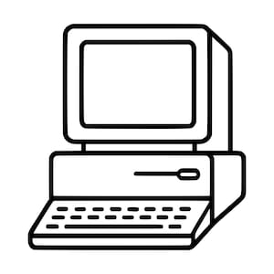 Könnte beinhalten: Eine schwarz-weiße Strichzeichnung eines Vintage-Personalcomputers. Das Gerät verfügt über einen kastenförmigen Monitorbildschirm, der auf einer Haupteinheit mit einem horizontalen Diskettenlaufwerksschlitz und einer integrierten Tastatur sitzt.