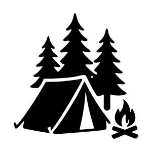 Peut inclure: Un graphique en silhouette noire représentant une tente triangulaire placée devant trois conifères de hauteurs variables, avec un petit feu de camp composé de flammes et de bûches croisées situé à droite de la structure de la tente.