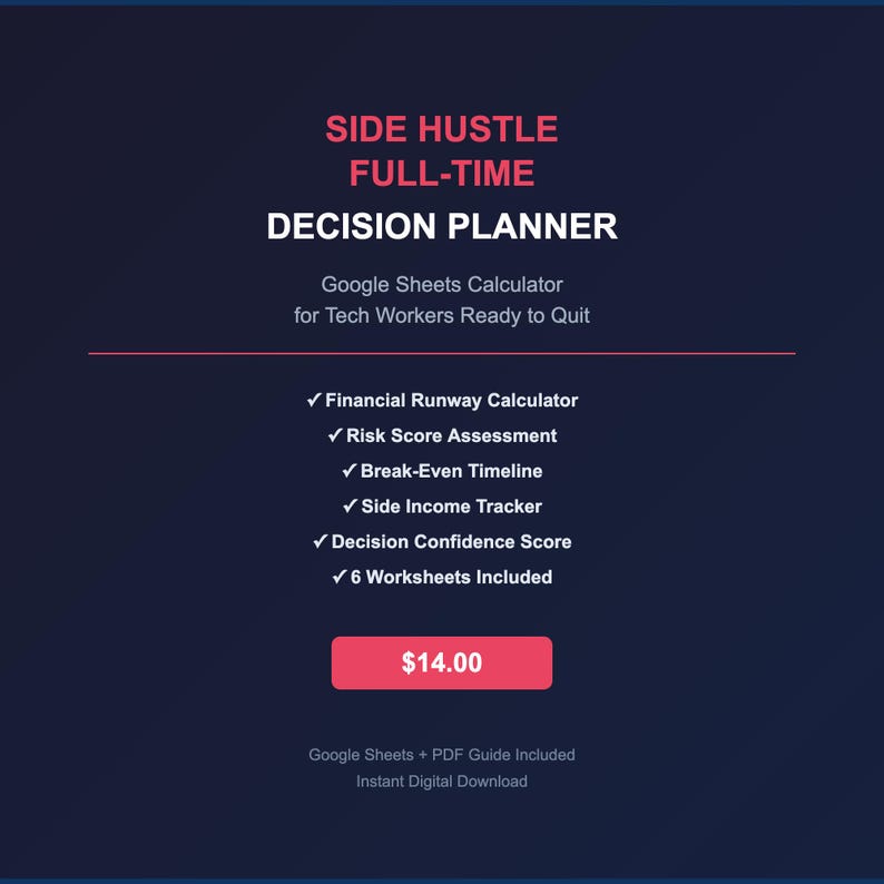 May include: A dark blue digital decision planner for tech workers with red text reading SIDE HUSTLE FULL-TIME DECISION PLANNER. It lists features including a financial runway calculator, risk score assessment, break-even timeline, and income tracker.