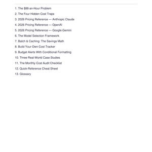 K&ouml;nnte beinhalten: Eine wei&szlig;e Dokumentenseite mit dem Titel Table of Contents f&uuml;r The AI API Cost Control Playbook - 2026 Edition. Sie enth&auml;lt dreizehn nummerierte Abschnitte, darunter The $88-an-Hour Problem, Four Hidden Cost Traps, Pricing References und ein Glossary.