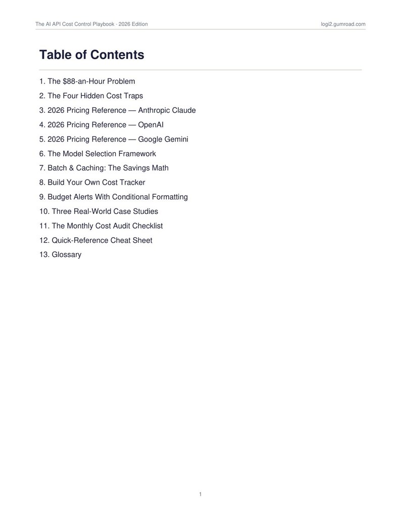 K&ouml;nnte beinhalten: Eine wei&szlig;e Dokumentenseite mit dem Titel Table of Contents f&uuml;r The AI API Cost Control Playbook - 2026 Edition. Sie enth&auml;lt dreizehn nummerierte Abschnitte, darunter The $88-an-Hour Problem, Four Hidden Cost Traps, Pricing References und ein Glossary.