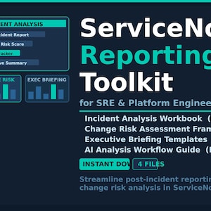 May include: A digital graphic for the ServiceNow Reporting Toolkit for SRE & Platform Engineering Teams. It lists an Incident Analysis Workbook, Change Risk Assessment Framework, Executive Briefing Templates, and an AI Analysis Workflow Guide.