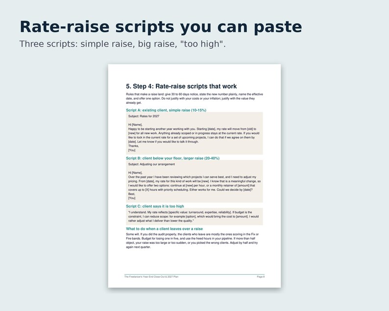 以下が含まれることがあります： Rate-raise scripts you can pasteというタイトルの文書。クライアントへの料金引き上げを伝えるための3つのテンプレートが記載されています。テキストには、単純な値上げ、大幅な値上げ、および異議への対応に関するセクションが含まれており、白いページに印刷されています。