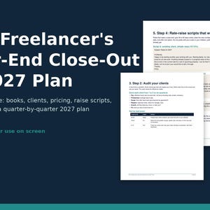 以下が含まれることがあります： The Freelancer's Year-End Close-Out & 2027 Planと題された13ページのデジタルガイド。このドキュメントには、帳簿、クライアント、価格設定、昇給交渉用スクリプト、2027年の四半期ごとの計画に関するセクションが含まれており、PDF形式で印刷または画面上で使用可能です。