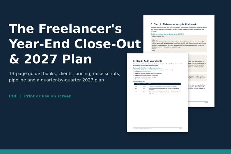 以下が含まれることがあります： The Freelancer's Year-End Close-Out & 2027 Planと題された13ページのデジタルガイド。このドキュメントには、帳簿、クライアント、価格設定、昇給交渉用スクリプト、2027年の四半期ごとの計画に関するセクションが含まれており、PDF形式で印刷または画面上で使用可能です。