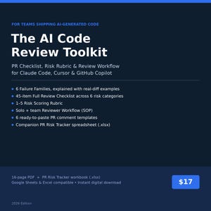 Puede incluir: Un documento digital azul oscuro titulado The AI Code Review Toolkit para equipos que envían código generado por IA. Incluye una lista de verificación de 45 elementos, 6 familias de fallos, una rúbrica de riesgo, flujos de trabajo y plantillas.