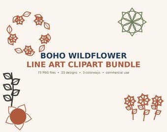以下が含まれることがあります： BOHO WILDFLOWER LINE ART CLIPART BUNDLEというタイトルのデジタルグラフィックセット。75個のPNGファイル、25種類のデザイン、3色のカラーバリエーション、商用利用可能。クリーム色の背景に、錆色、黒、オリーブグリーンの花と葉の線画イラストが描かれています。