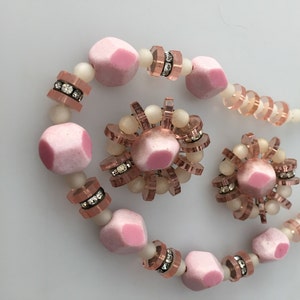 1950s Vintage BEADED Necklace Pink Choker Necklace Clip Earrings ALL GLASS Rhinestone Rondelles Haskell DeMario