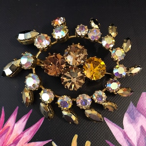 Vintage RHINESTONE Brooch Made in AUSTRIA Pinwheel Effect ASSORTED Stones Aurora Borealis Topaz Different Shades & Metallic Marquis Stones