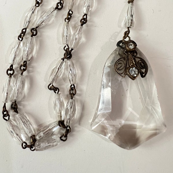 1910/1920s Vintage SAUTOIR Clear Faceted CZECH GLASS Pendant Necklace Beaded Chain Glass and Brass Necklace