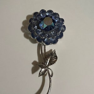 1960s Vintage FLOWER Brooch LONG Stemmed Flower Pin TEARDROP Shaped Blue Rhinestones Silvertone Metal 4" Long Unsigned Beauty