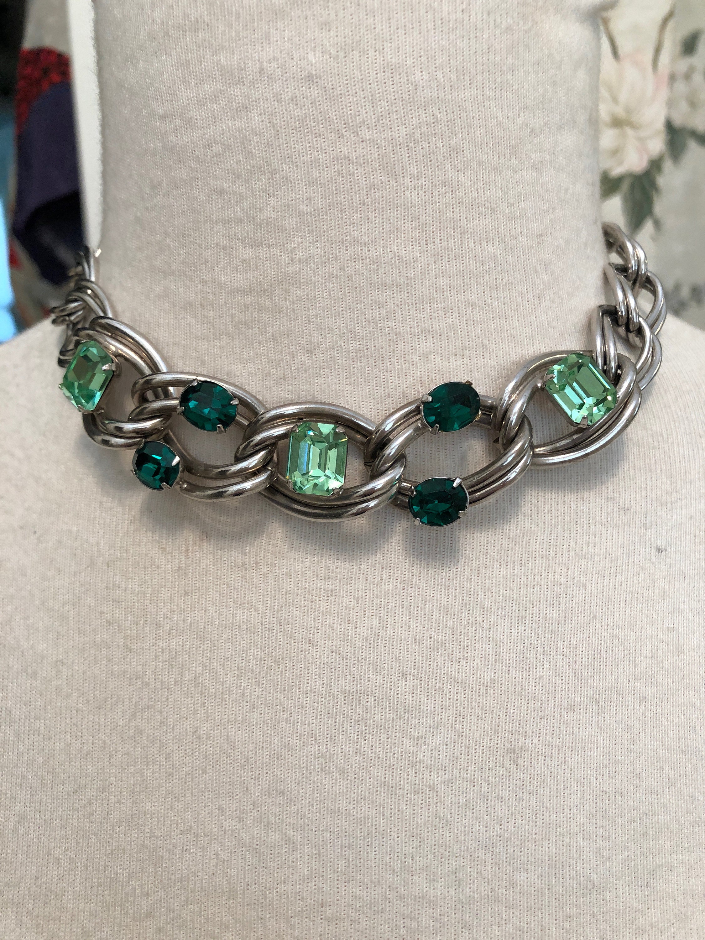 Vintage Green Glass Stone Bracelet, 1950's 1960's High End