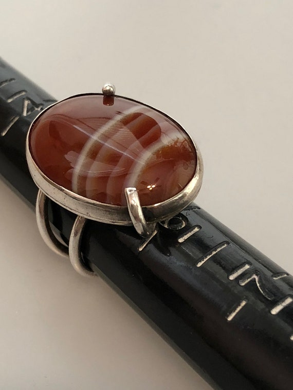 1970s Vintage BANDED CARNELIAN Ring Handcrafted STERLING Silver Ring Great Design Beautiful Stone Banded Agate and Sterling Silver Ring